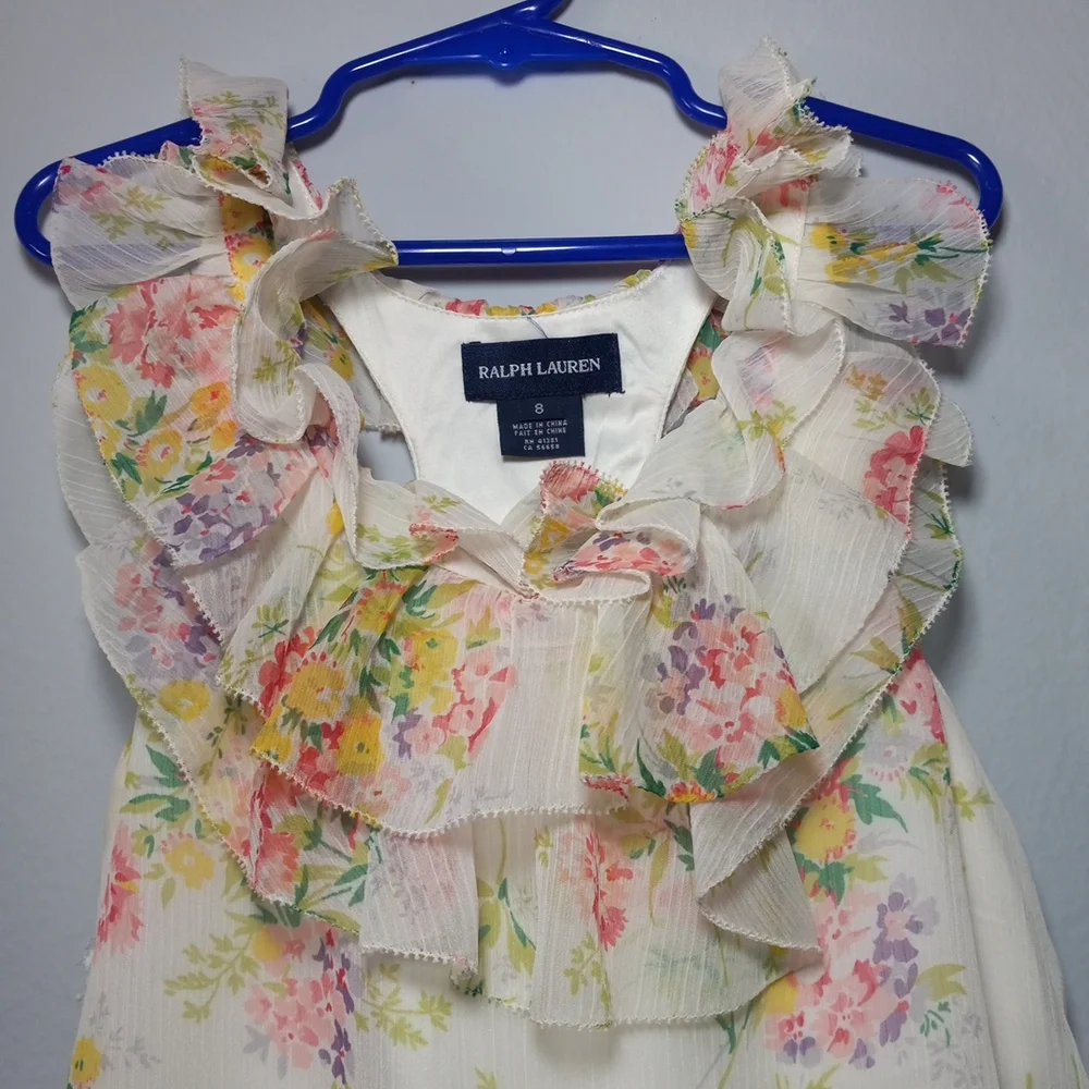 Ralph Lauren Cream Dress with Pastel Floral Trim Spring Summer Size 8
